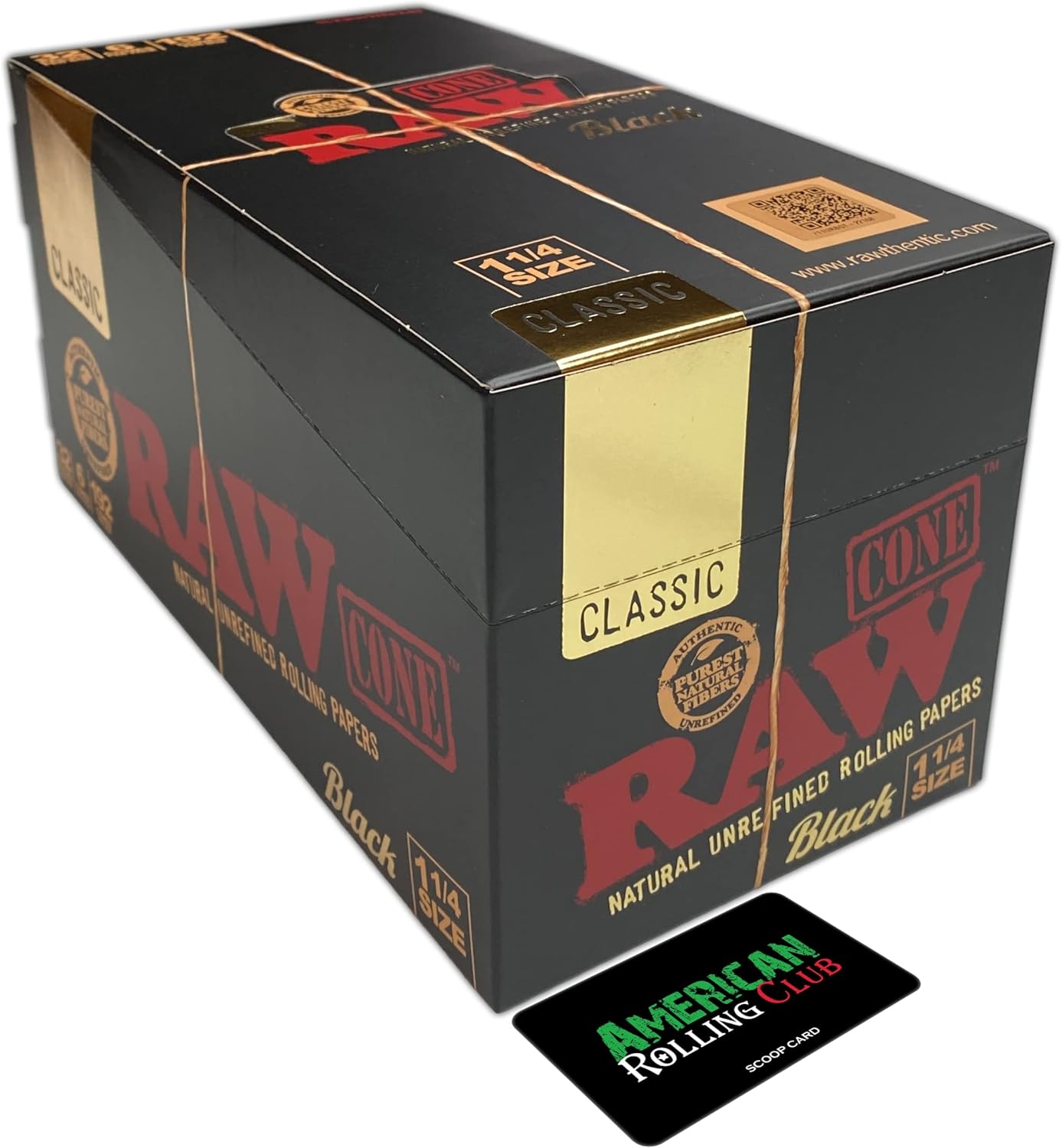 RAW Classic Black Natural Prerolled Cigarette Paper Cones with Tips 1¼ Size (32 Packs of 6 Cones, 192 Total) Box