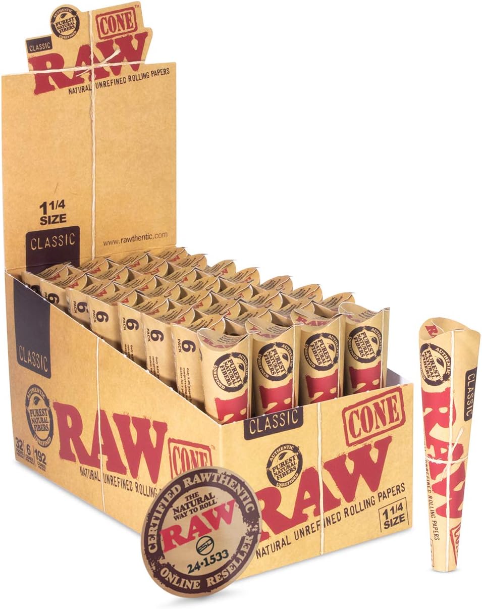 RAW Cones Classic 1¼ Size Natural Pre Rolled Rolling Paper with Tips 6 Cones per Pack (Pack Of 32) Box