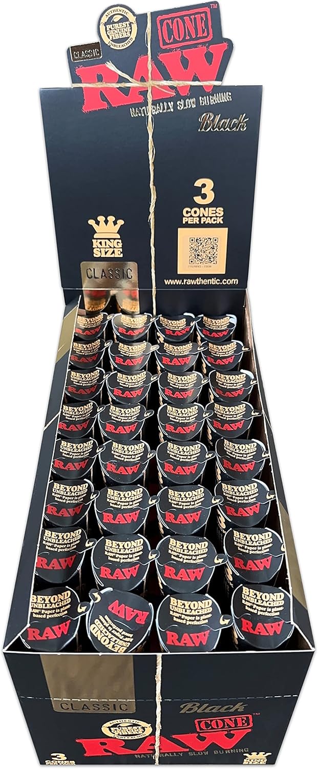 RAW Classic Black Natural Prerolled Cigarette Paper Cones with Tips King Size (32 Packs of 3 Cones, 96 Total) Box