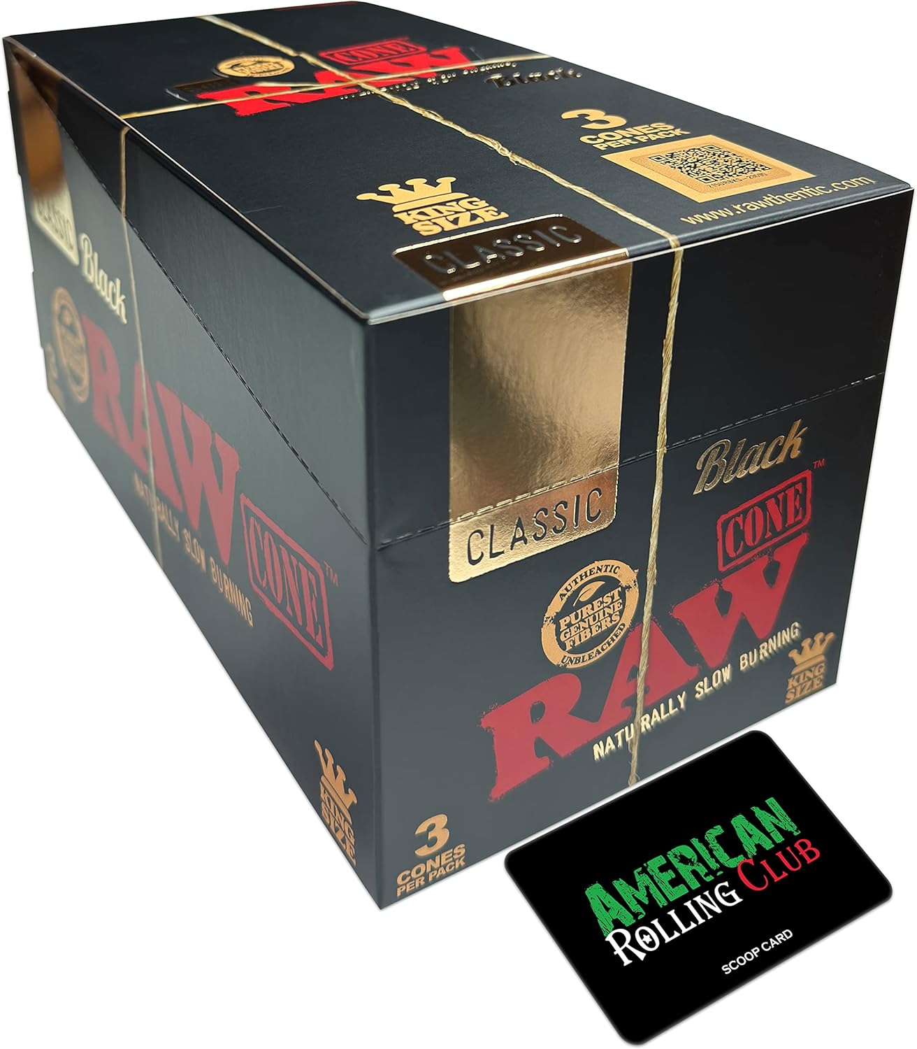 RAW Classic Black Natural Prerolled Cigarette Paper Cones with Tips King Size (32 Packs of 3 Cones, 96 Total) Box