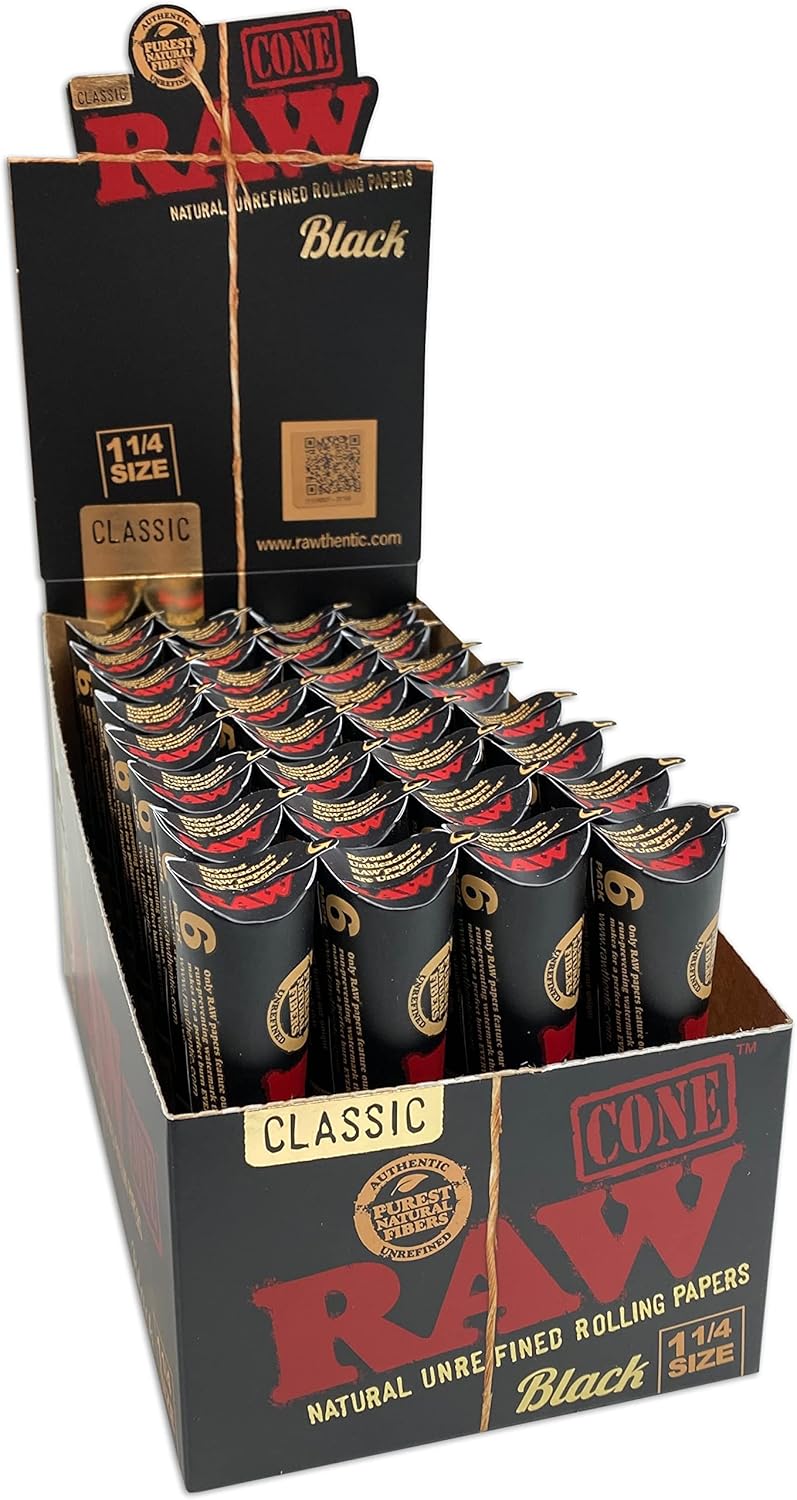 RAW Classic Black Natural Prerolled Cigarette Paper Cones with Tips 1¼ Size (32 Packs of 6 Cones, 192 Total) Box